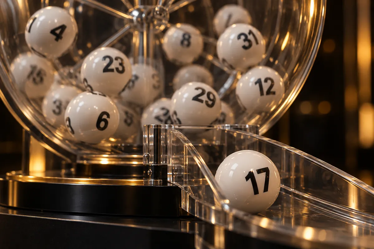 Numbered lottery balls being drawn from a glass drum, each number appearing only once