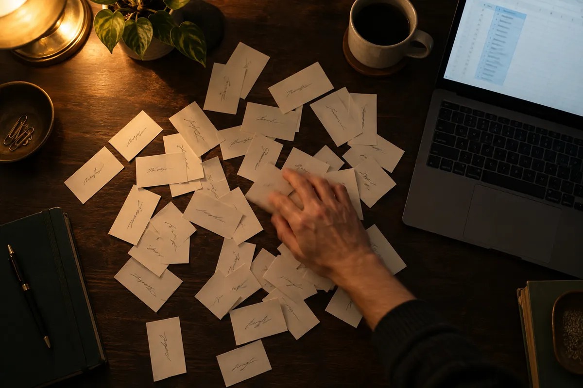 Paper name cards shuffled on a desk next to a laptop with a spreadsheet list