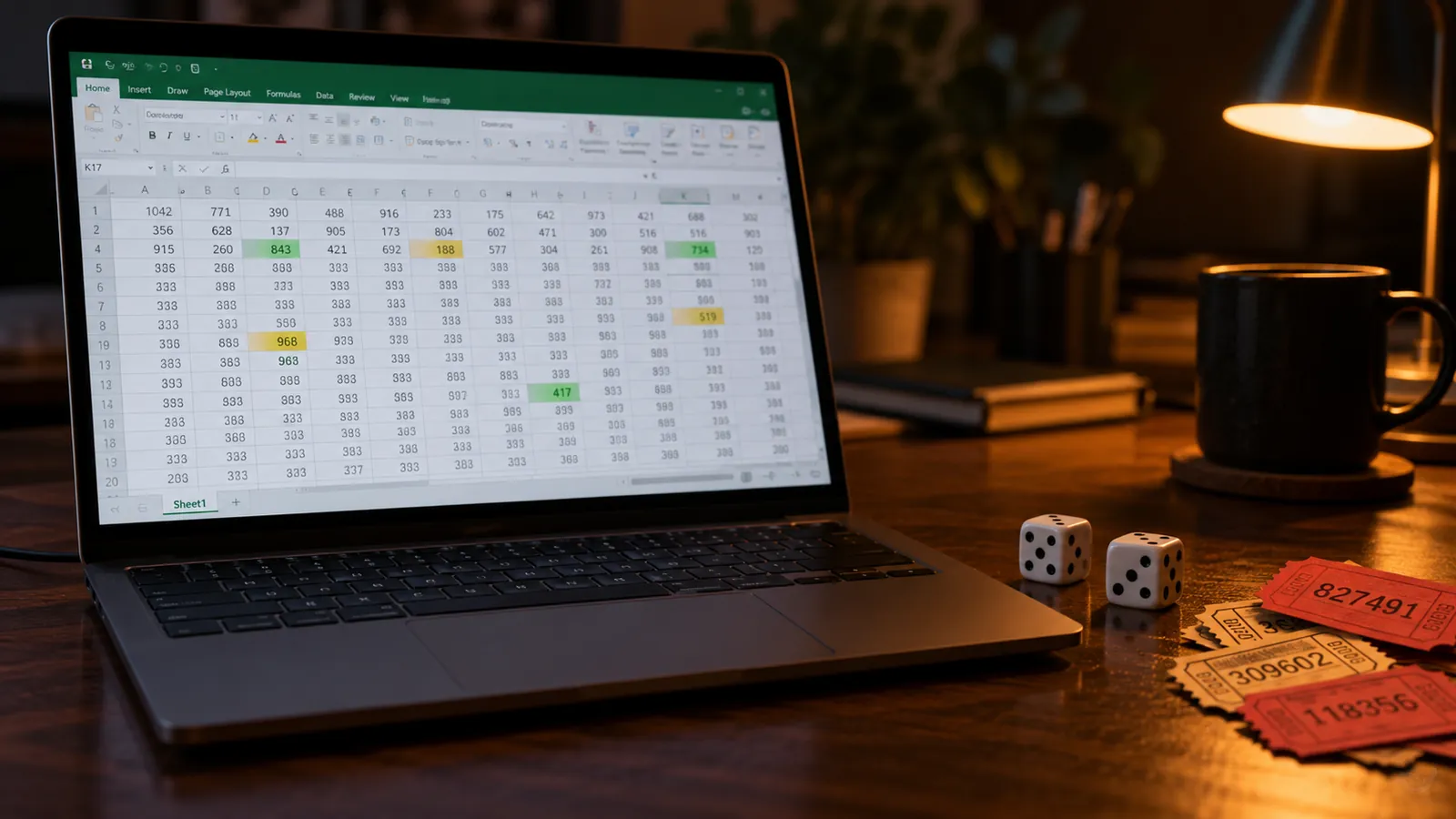 Laptop with an Excel spreadsheet full of random numbers next to a pair of dice