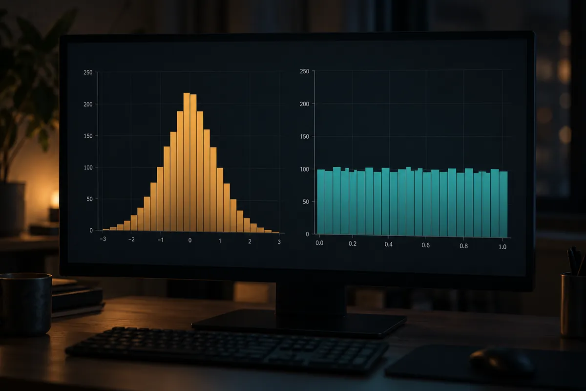 A bell-shaped normal distribution next to a flat uniform distribution on a monitor