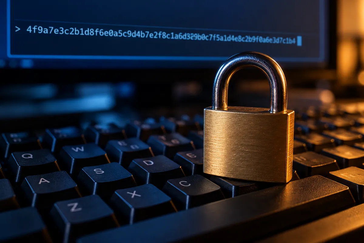 A padlock resting on a keyboard, lit by a terminal screen showing a random token